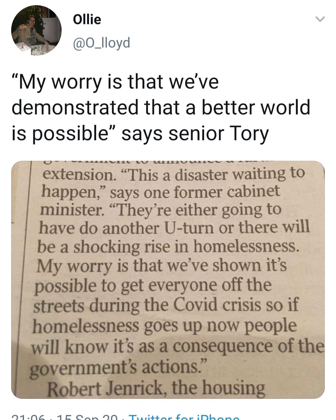 A tweet stating "'My worry is that we've demonstrated that a better world is possible,' says senior Tory" with a photo of a newspaper quote