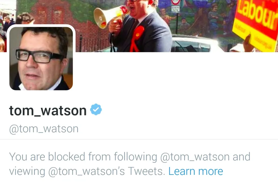 A screenshot of Tom Watson's Twitter profile showing the author has been blocked.