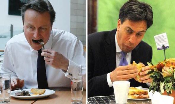 David Cameron eating a hot dog with a knife and fork, juxtaposed with Ed Miliband eating a bacon sandwich