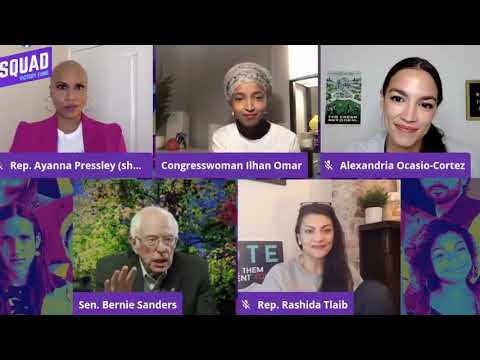 A video stream of Bernie Sanders speaking with members of The Squad.