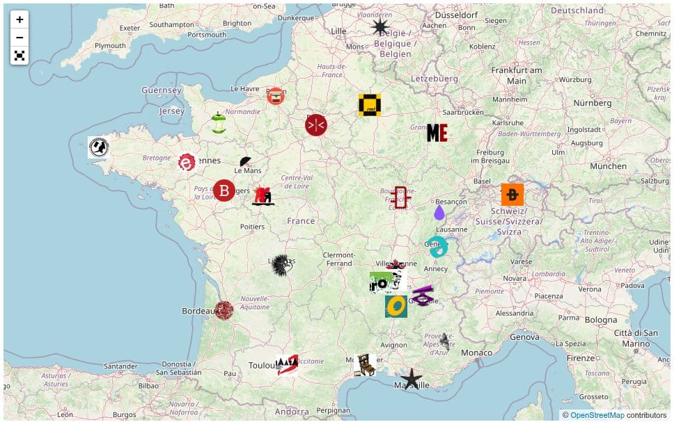 A OpenStreetMap snapshot of Europe with Mutu Network sites across the map, each with their own symbols or logos.