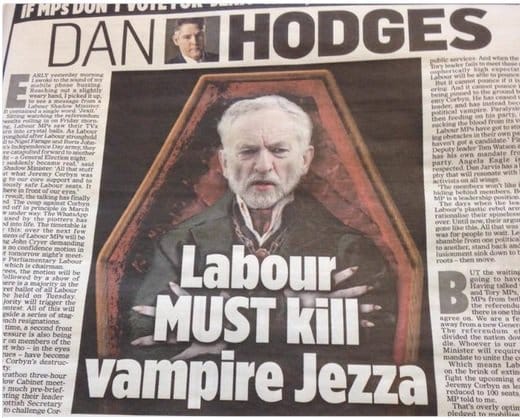 A newspaper article by Dan Hodges with a manipulated image of Jeremy Corbyn inside a coffin under the headline "Labour MUST kill vampire Jezza"