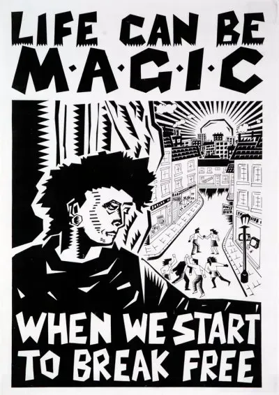 Circa 1980s anarchist sticker with artwork depicting a person overlooking dancing in the streets and the text "life can be magic when we start to break free"